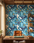 Ocean Dreams teal blue whale and octopus wallpaper as a feature wall in a bright home office