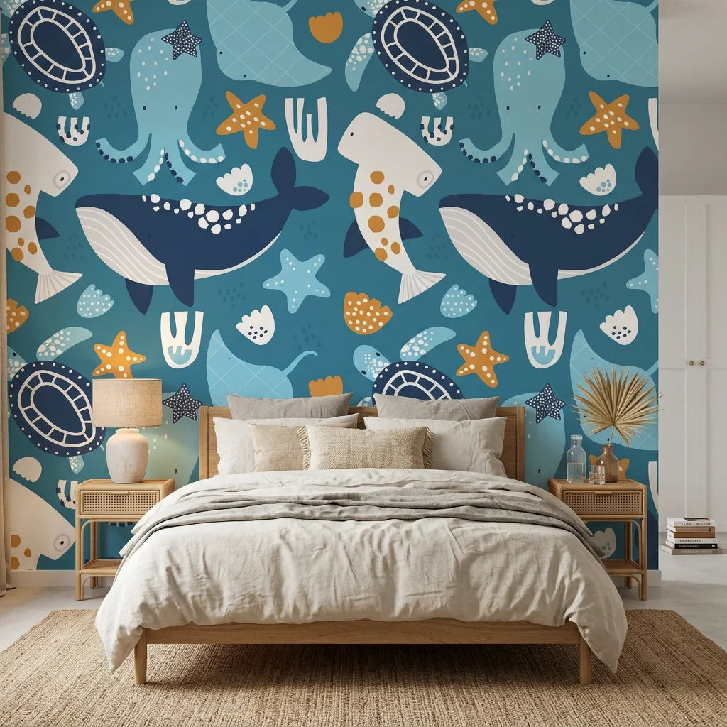 Ocean Dreams teal blue whale and octopus wallpaper creating ambiance in a serene bathroom