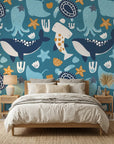 Ocean Dreams teal blue whale and octopus wallpaper creating ambiance in a serene bathroom