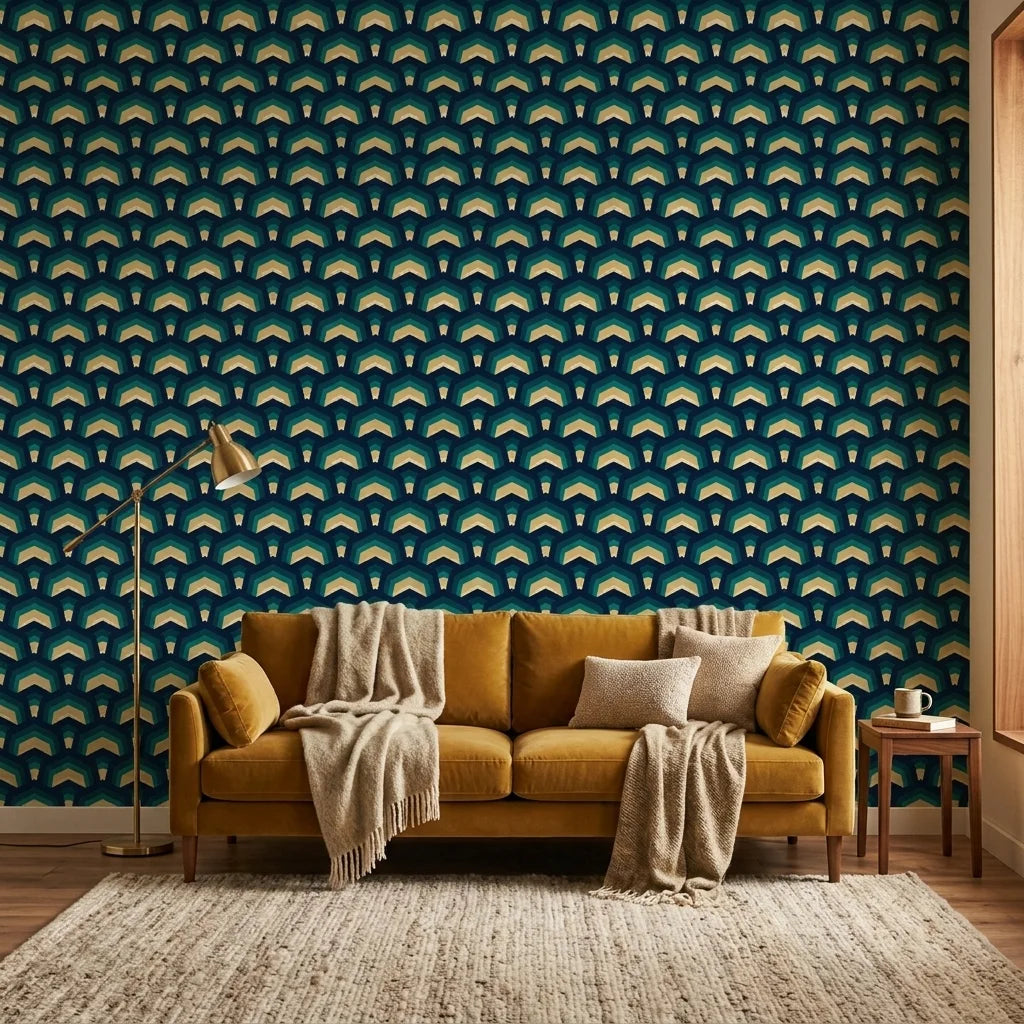 Ocean Fortress teal and navy geometric scale wallpaper creating ambiance in a serene bathroom