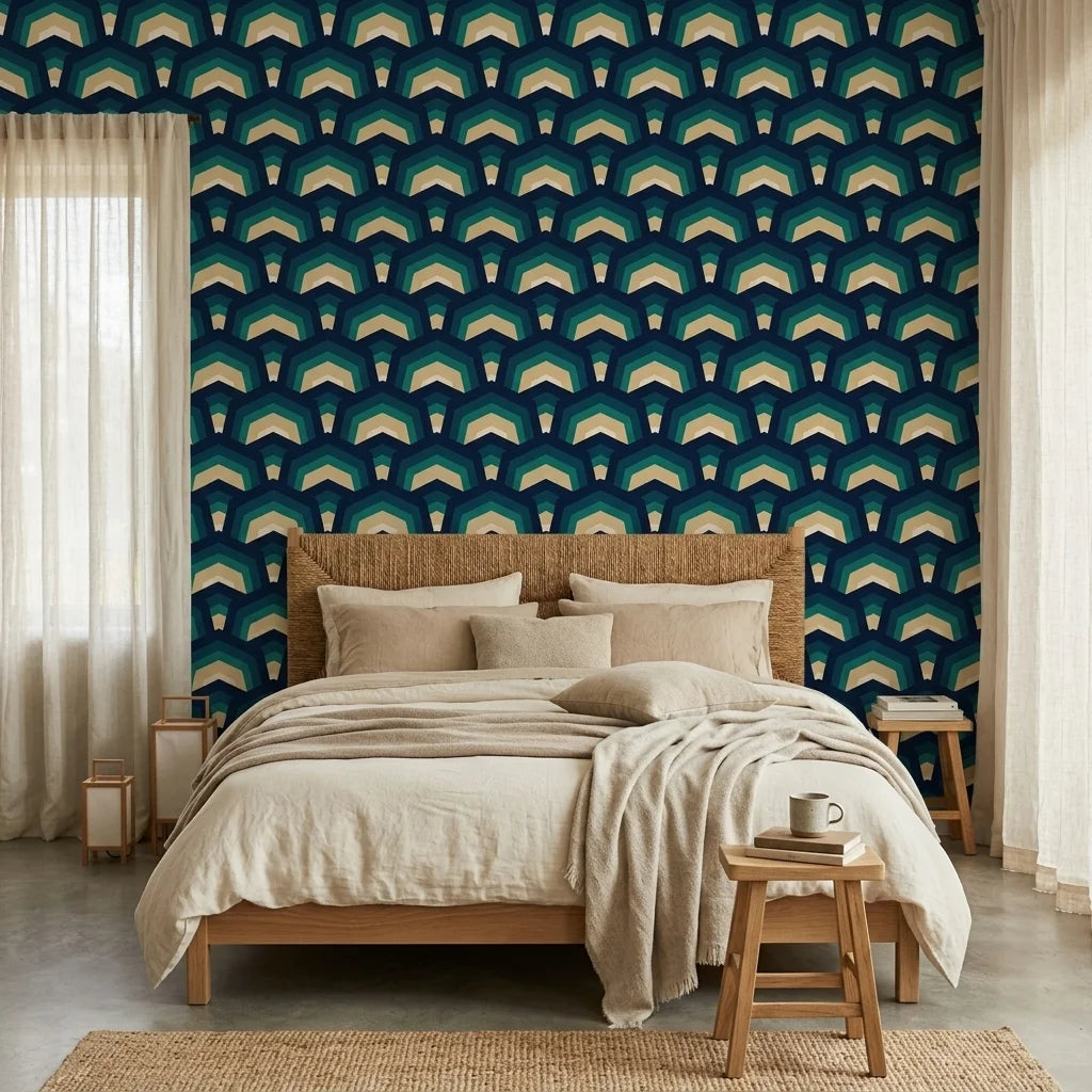 Ocean Fortress teal and navy geometric scale wallpaper in a warm and inviting living room