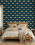 Ocean Fortress teal and navy geometric scale wallpaper in a warm and inviting living room