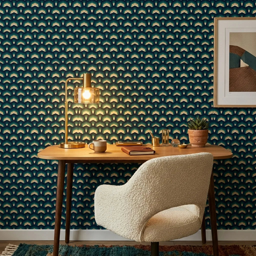 Ocean Fortress teal and navy geometric scale wallpaper adding character to a cozy bedroom