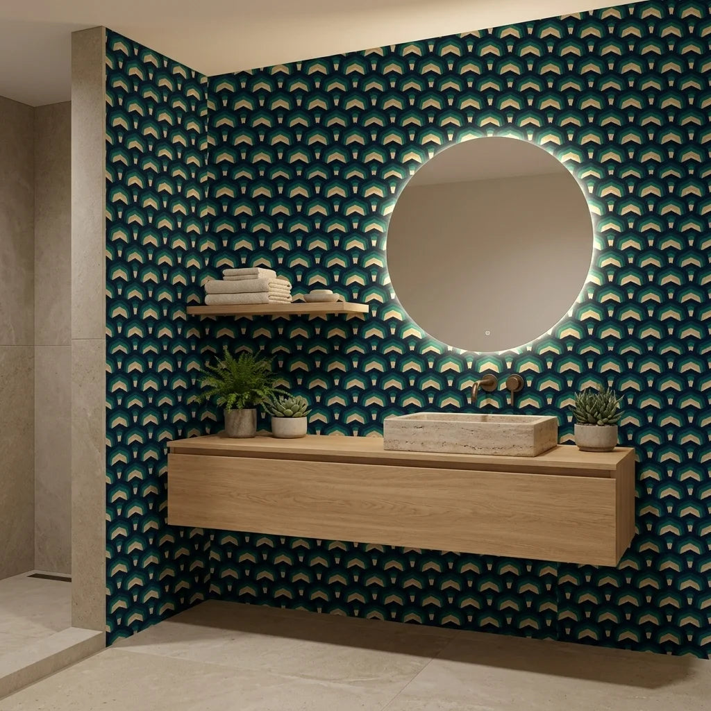 Ocean Fortress teal and navy geometric scale wallpaper as a feature wall in a bright home office