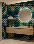 Ocean Fortress teal and navy geometric scale wallpaper as a feature wall in a bright home office