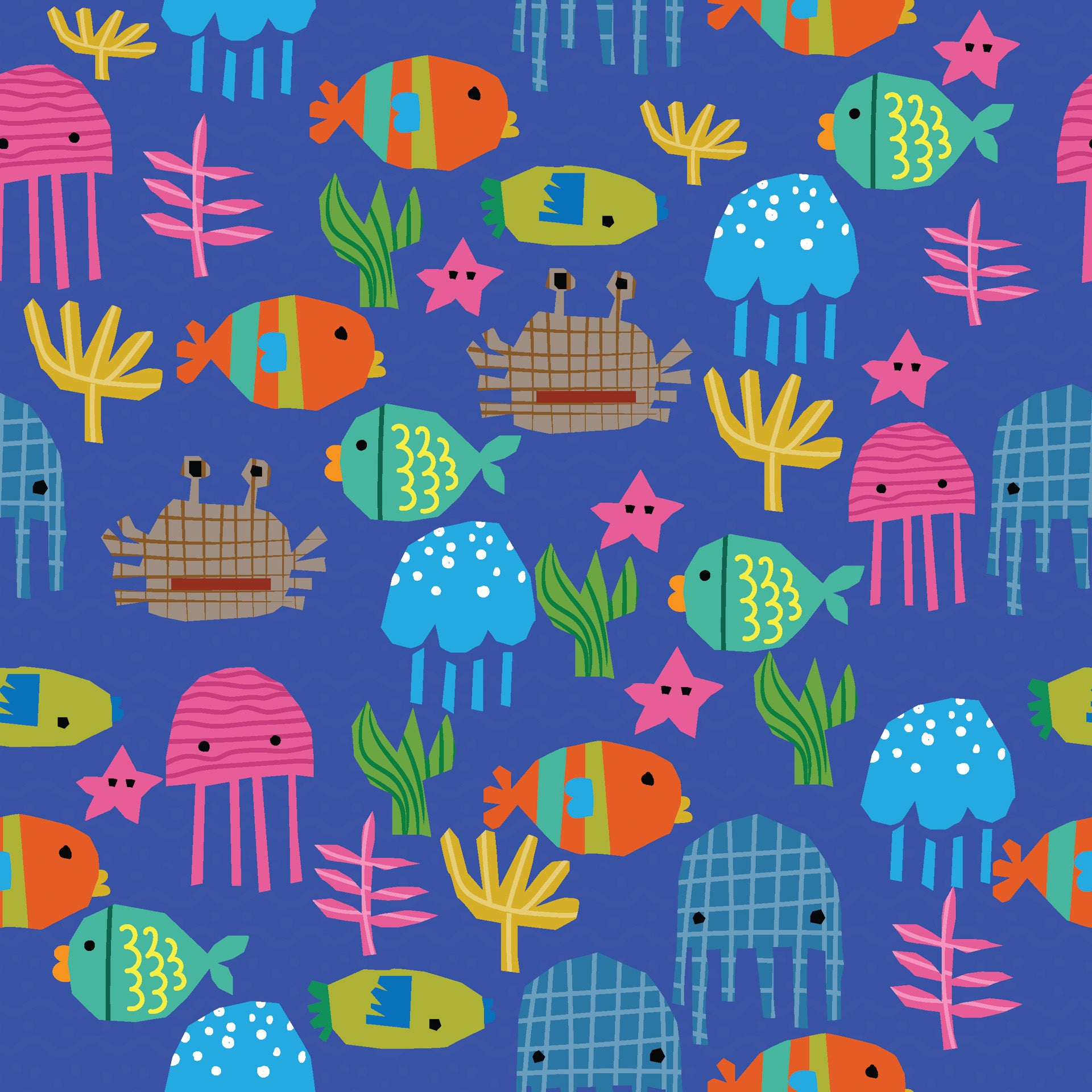 A patterned blue wall paper design featuring lively, silhouette-style depictions of marine animals