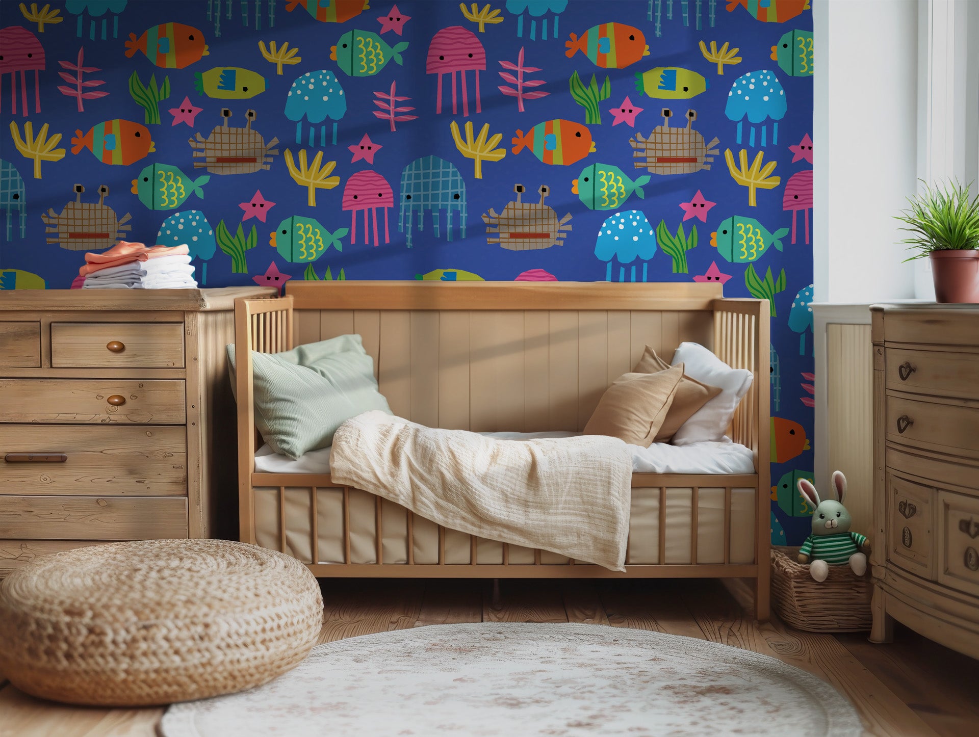 A whimsical blue wallpaper displaying brightly colored, cutout-style ocean life