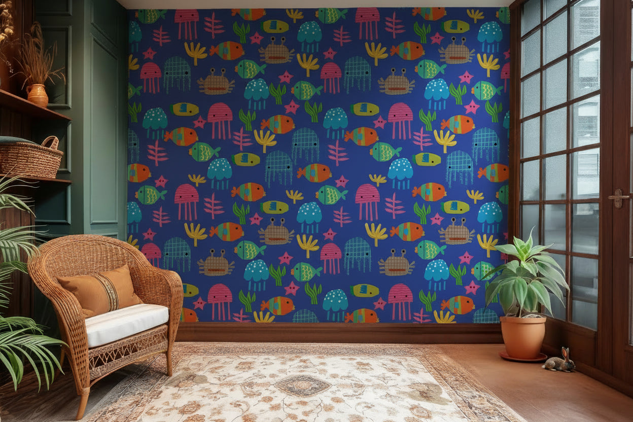 Wallpaper in blue featuring a fun pattern of brightly colored, paper-cut-style ocean life