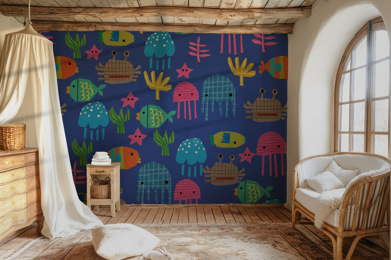 Playful blue wall covering patterned with vibrant, cutout-alike ocean animals