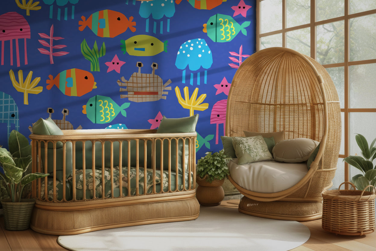 A cheerful blue wall decoration with die-cut style representations of multi-hued ocean life