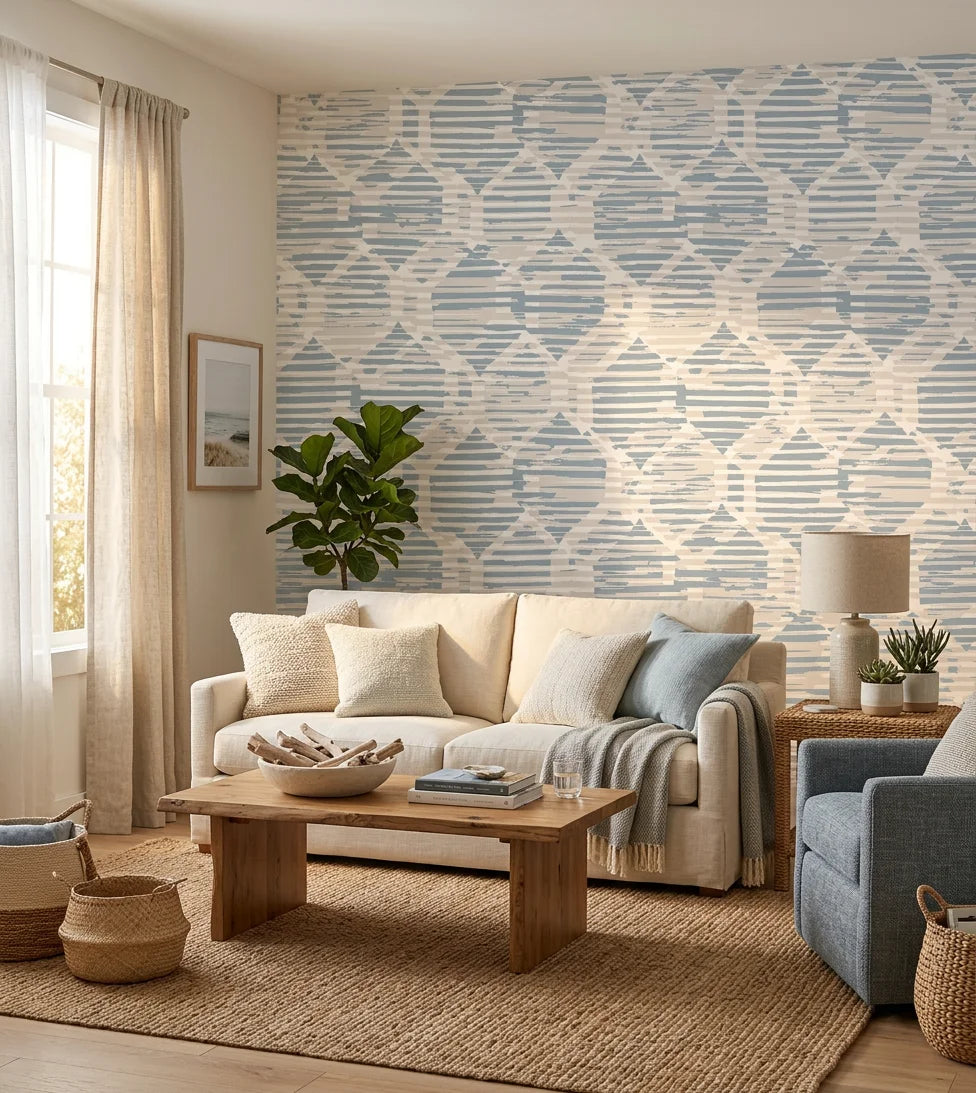 Ocean Static restless coastal texture wallpaper in a warm and inviting living room