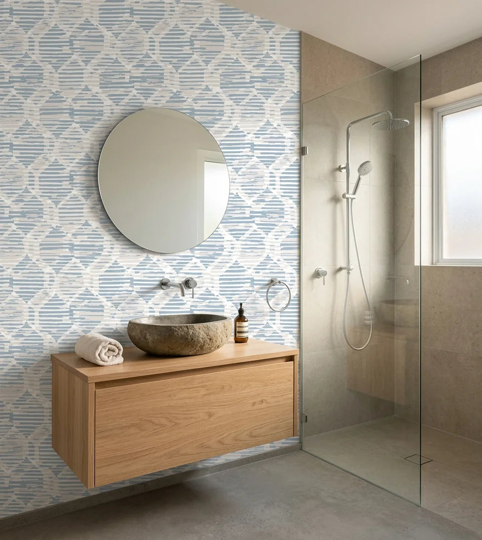 Ocean Static restless coastal texture wallpaper as a feature wall in a bright home office