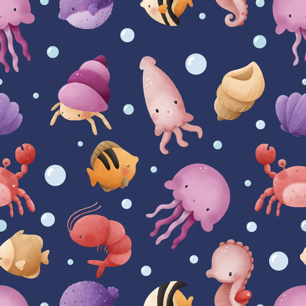 Matte dark blue watercolor sea animals peel and stick wallpaper -Ocean Bloom