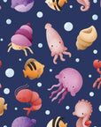 Matte dark blue watercolor sea animals peel and stick wallpaper -Ocean Bloom