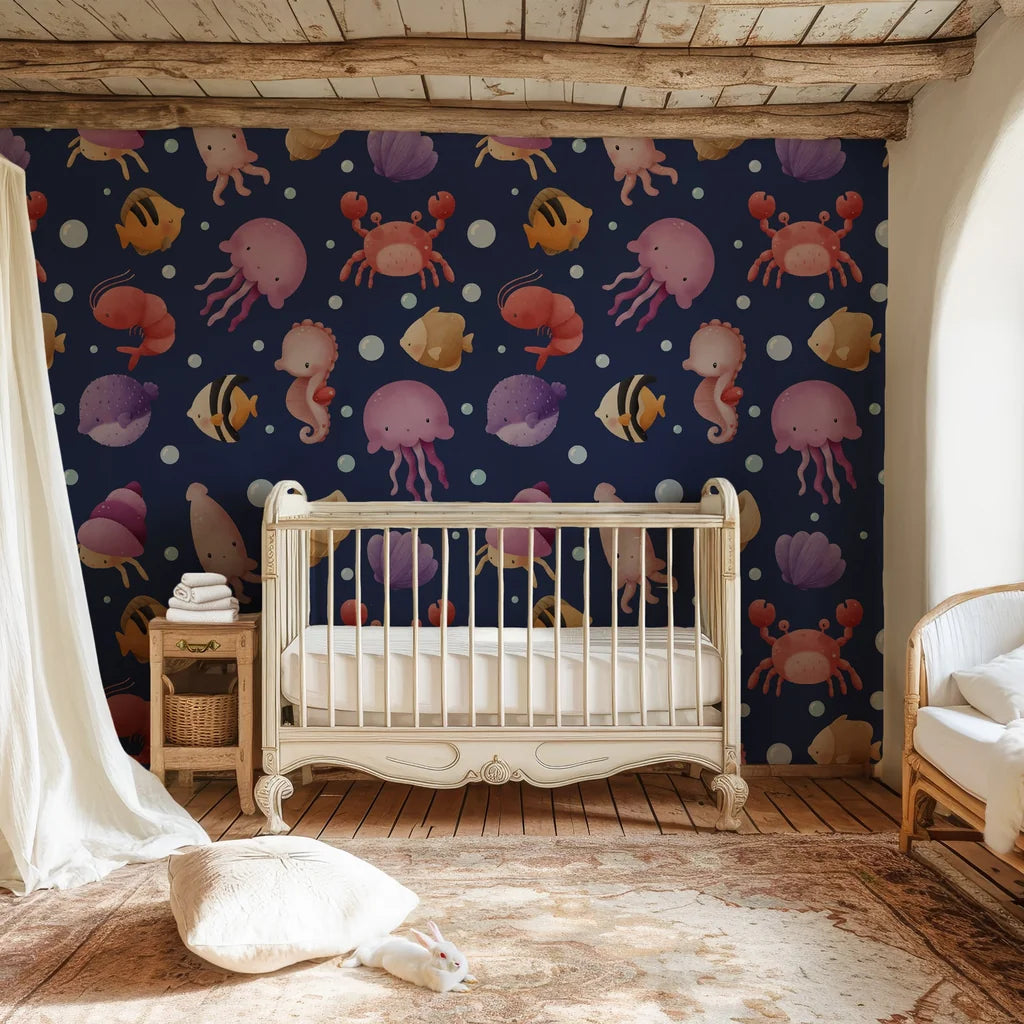 Hand-painted style blue marine life illustrations on a matte finish removable wallpaper - Ocean Bloom