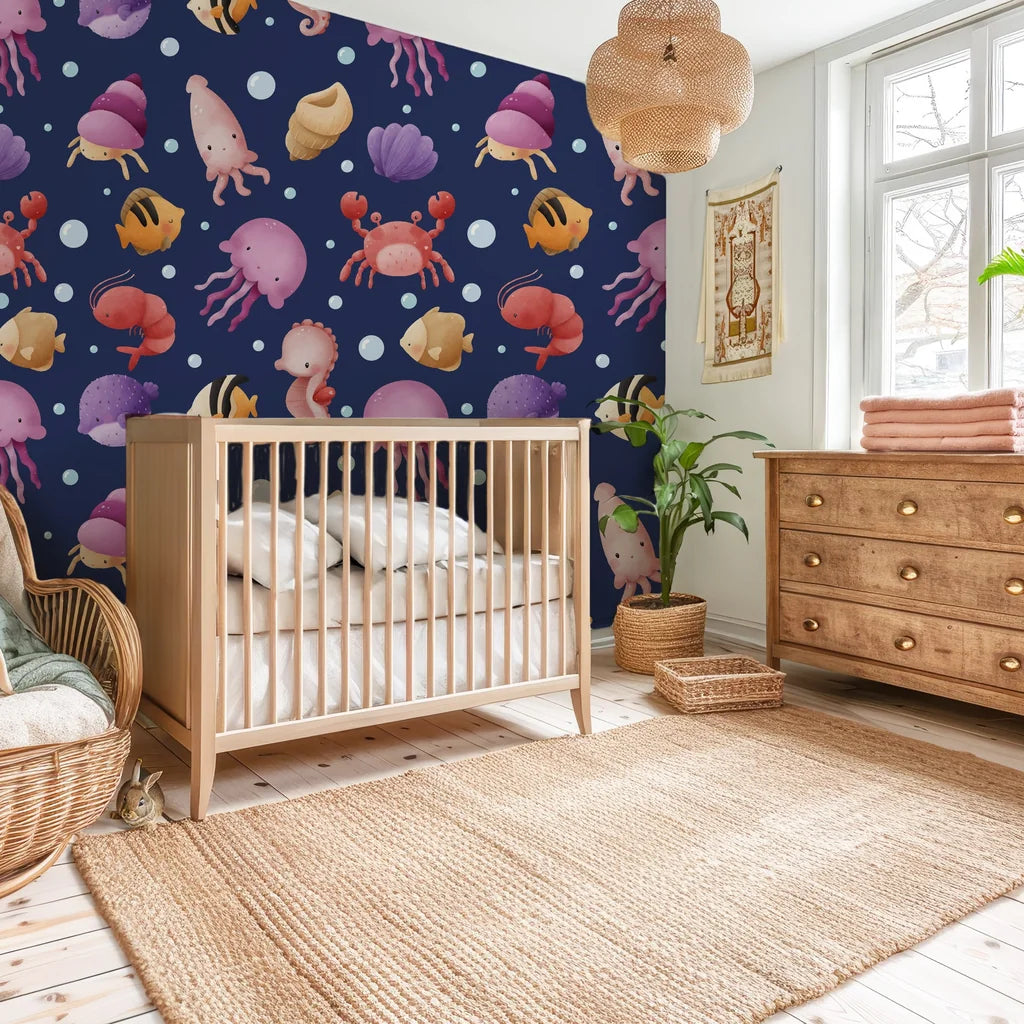 Whimsical watercolor sea creatures against a dark midnight blue backdrop easy-apply wallpaper - Ocean Bloom