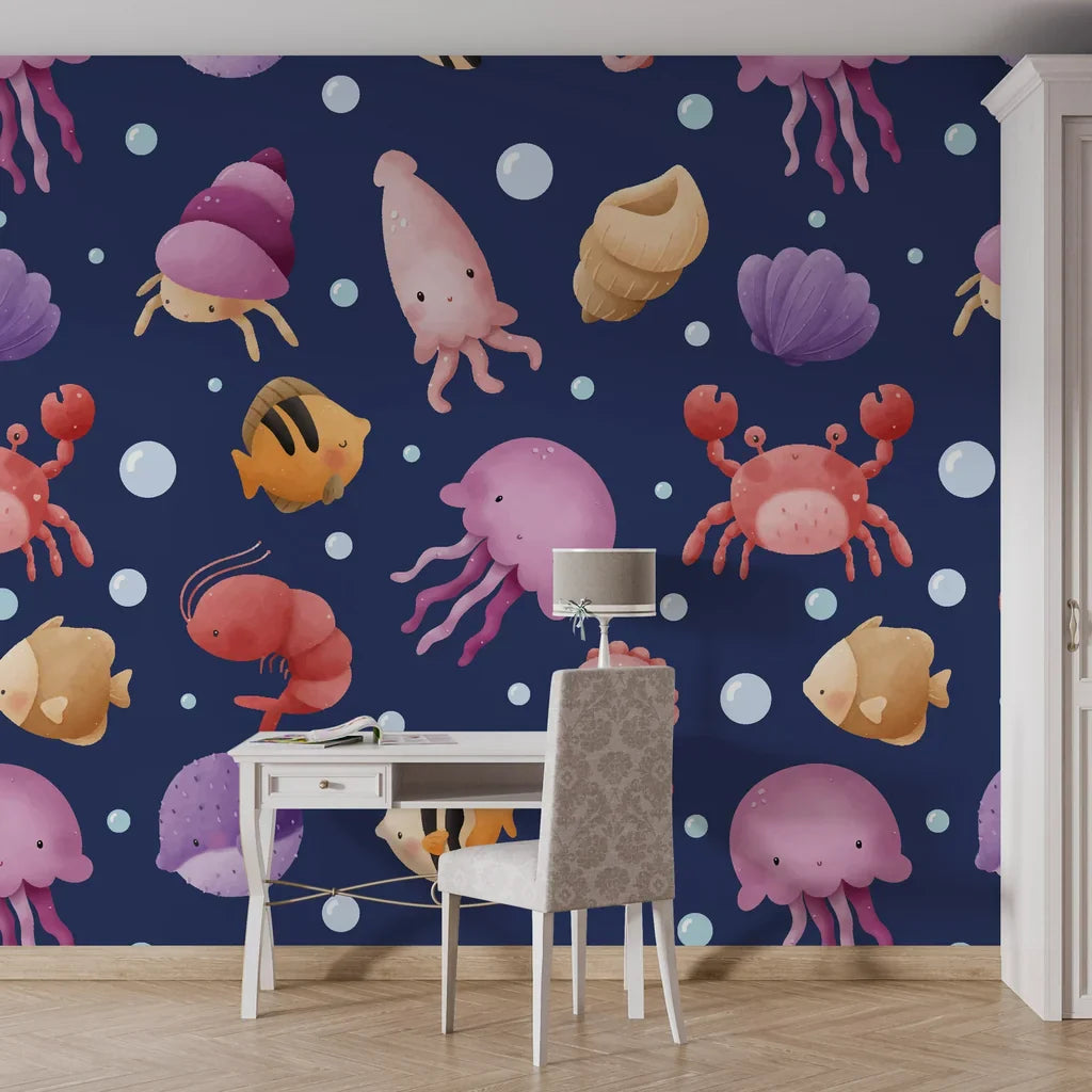Deep navy oceanic creatures in soft watercolor on non-reflective self-adhesive wall covering - Ocean Bloom