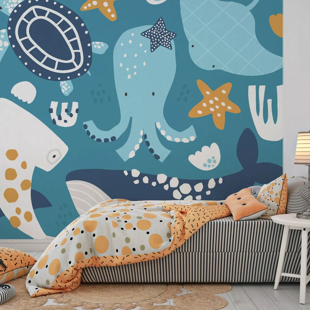 Removable wall covering displaying deep-sea life including cyan whales and octopuses in an oceanic pattern. - Ocean Dreams