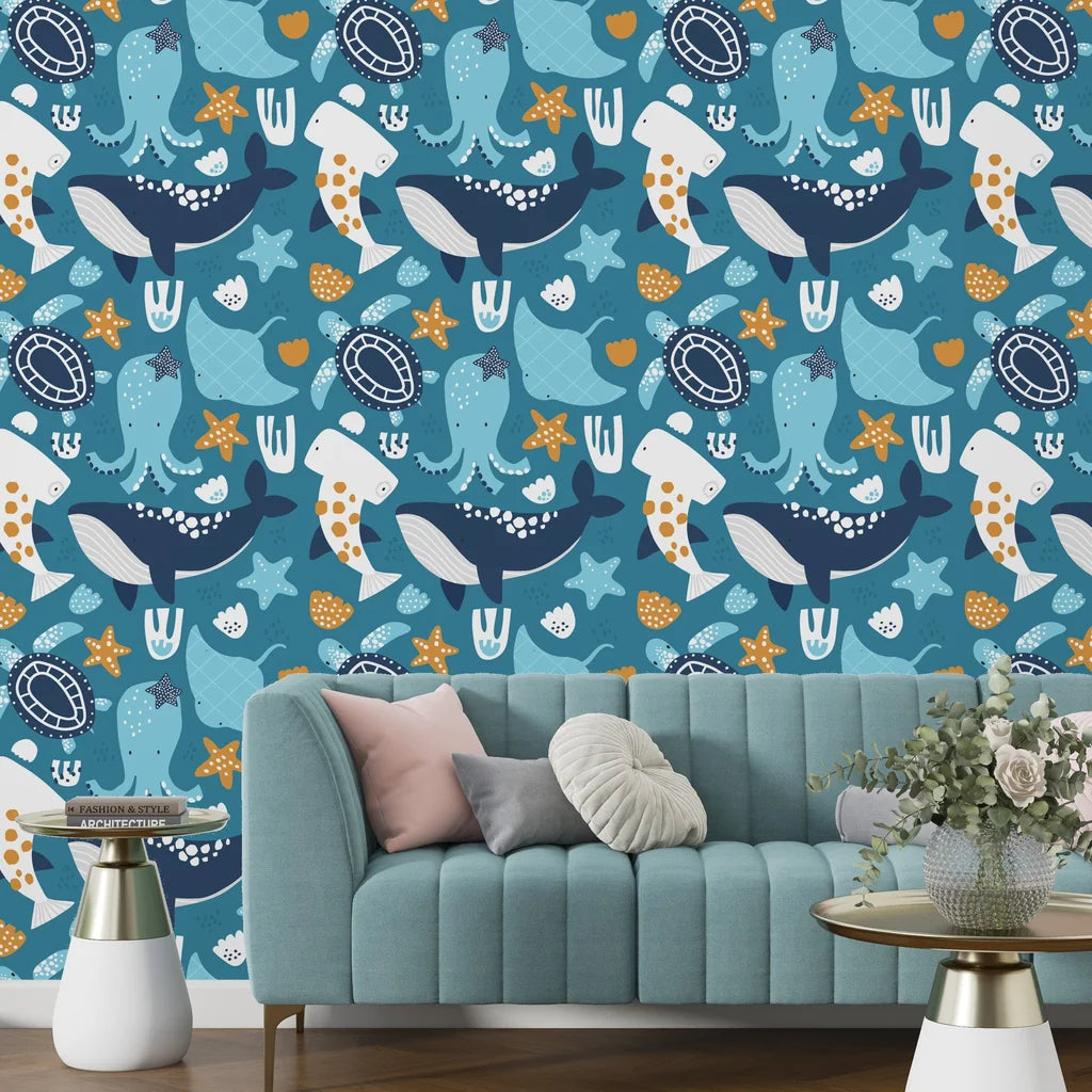 Oceanic self-adhesive wallpaper with artistic teal blue sea creatures like whales and octopuses. - Ocean Dreams