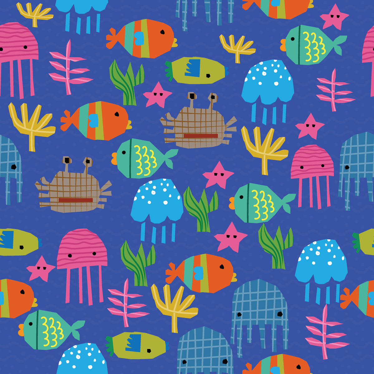 Smooth blue geometric colorful fish pattern peel and stick wallpaper -Ocean Squiggle