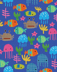 Smooth blue geometric colorful fish pattern peel and stick wallpaper -Ocean Squiggle