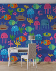 Vibrant aquatic wall covering featuring stylized blue fish in a modern geometric layout with a self-adhesive backing - Ocean Squiggle