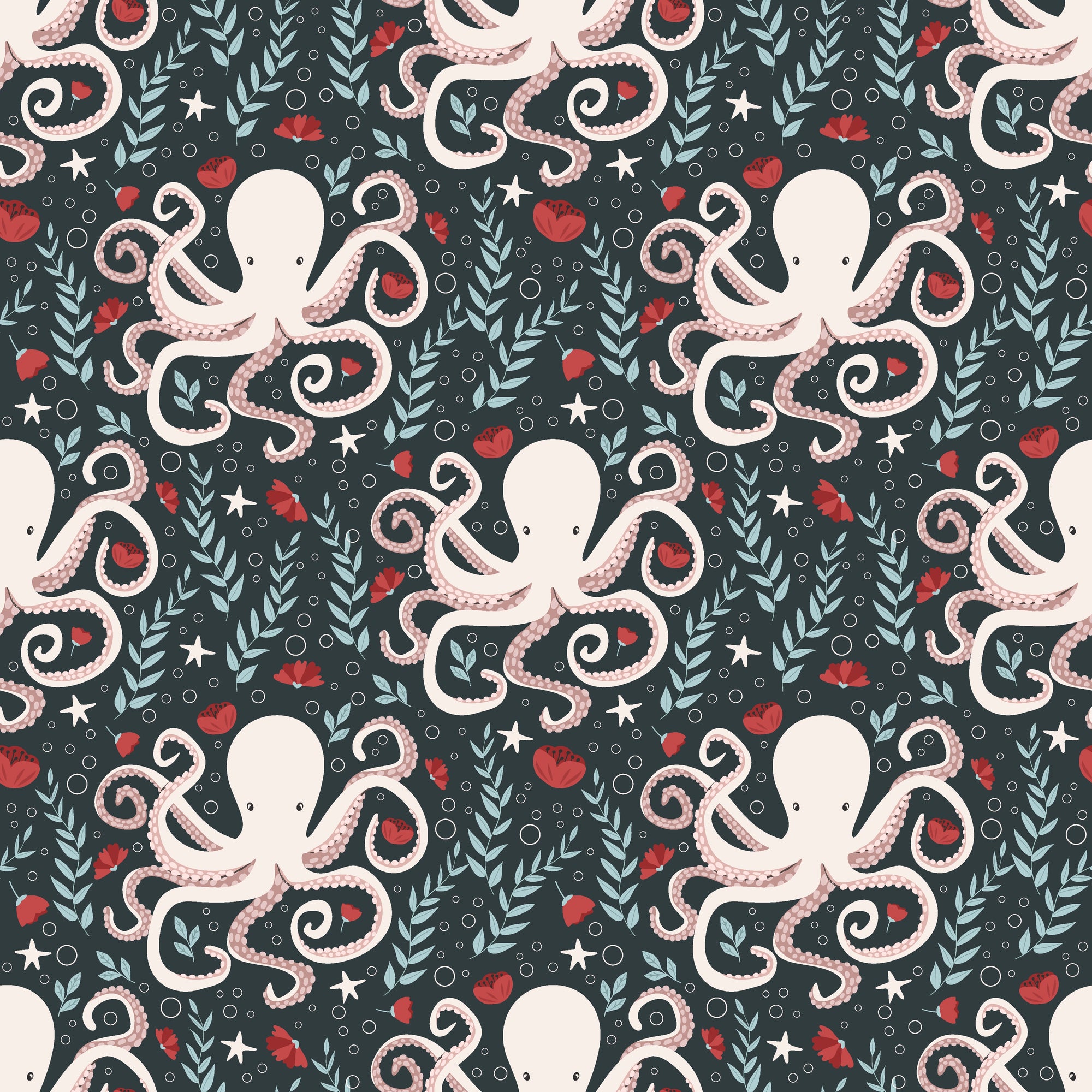 Smooth peel and stick wallpaper with whimsical coral octopuses - Octopus Garden
