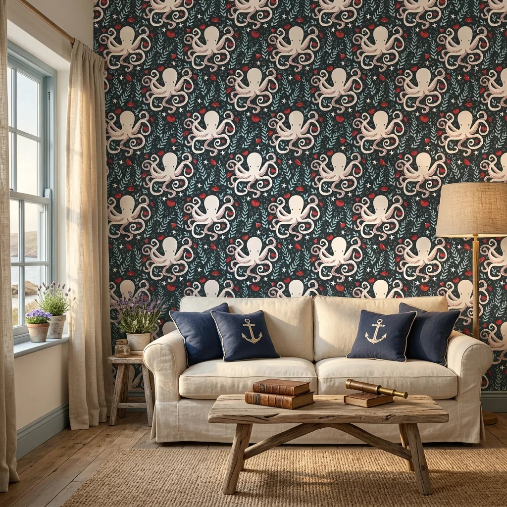 Octopus Garden whimsical coral octopus wallpaper in a warm and inviting living room