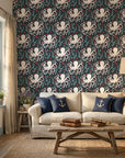 Octopus Garden whimsical coral octopus wallpaper in a warm and inviting living room