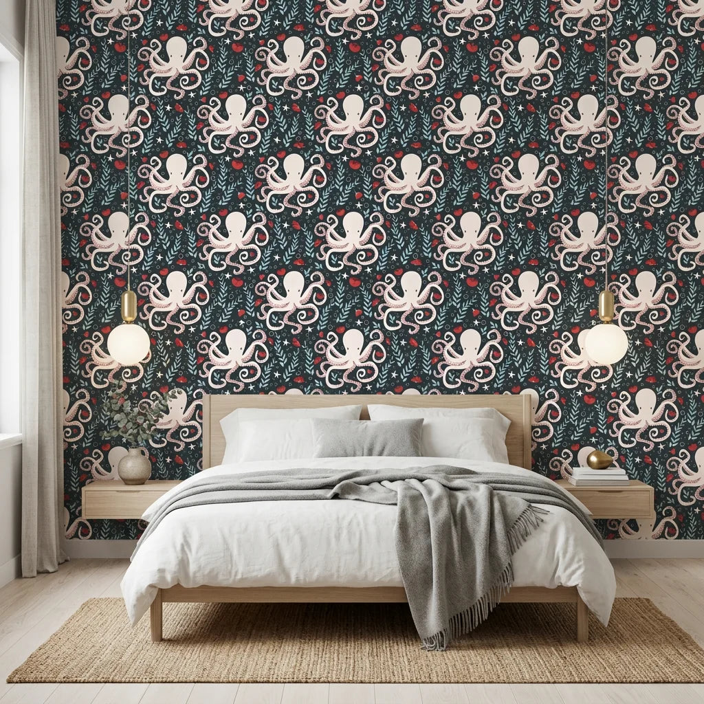 Octopus Garden whimsical coral octopus wallpaper adding character to a cozy bedroom