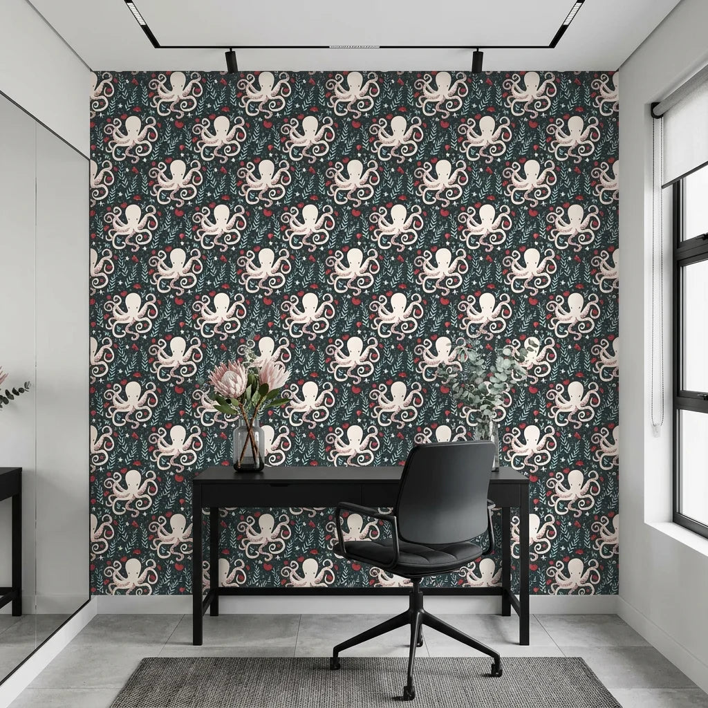 Octopus Garden whimsical coral octopus wallpaper as a feature wall in a bright home office