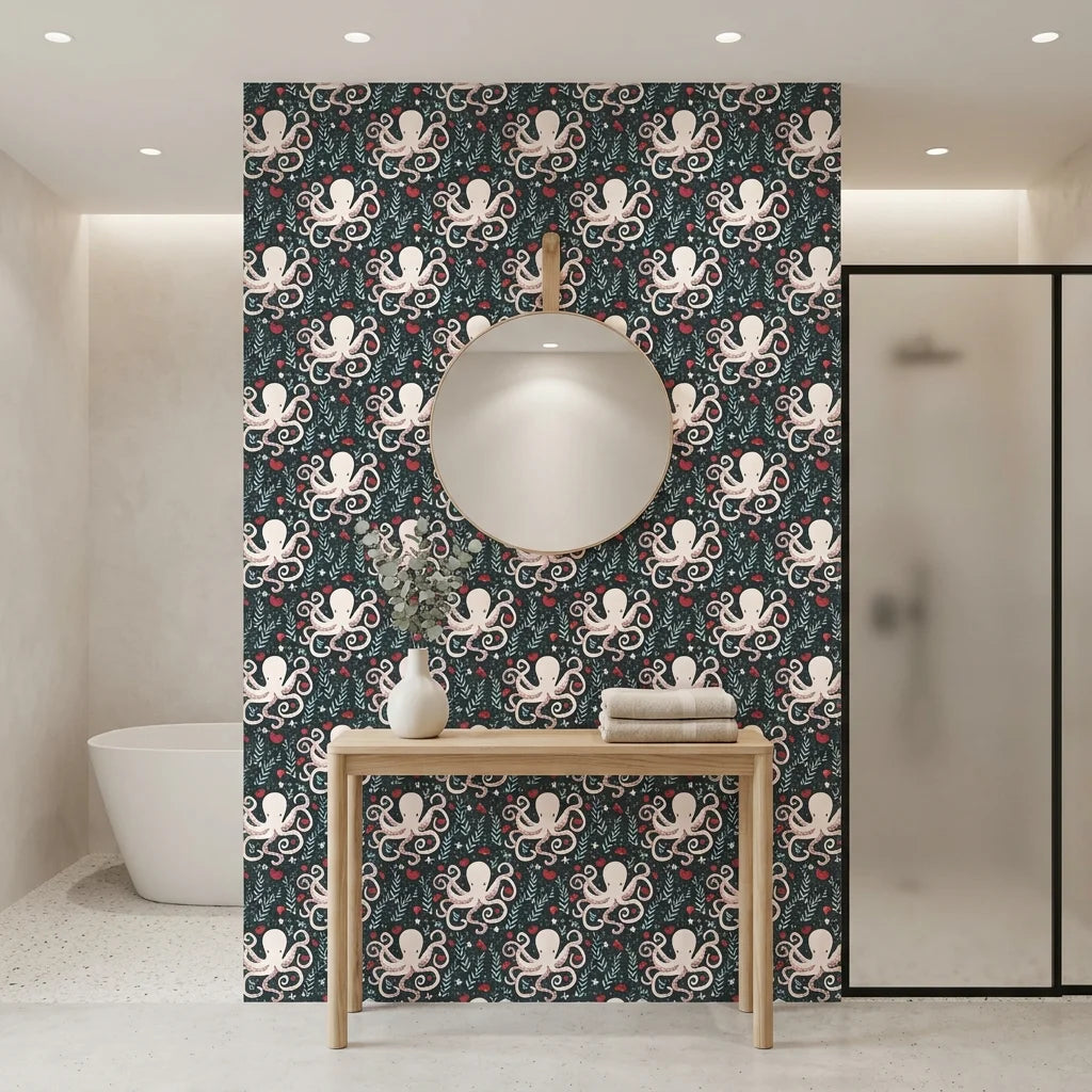 Octopus Garden whimsical coral octopus wallpaper creating ambiance in a serene bathroom