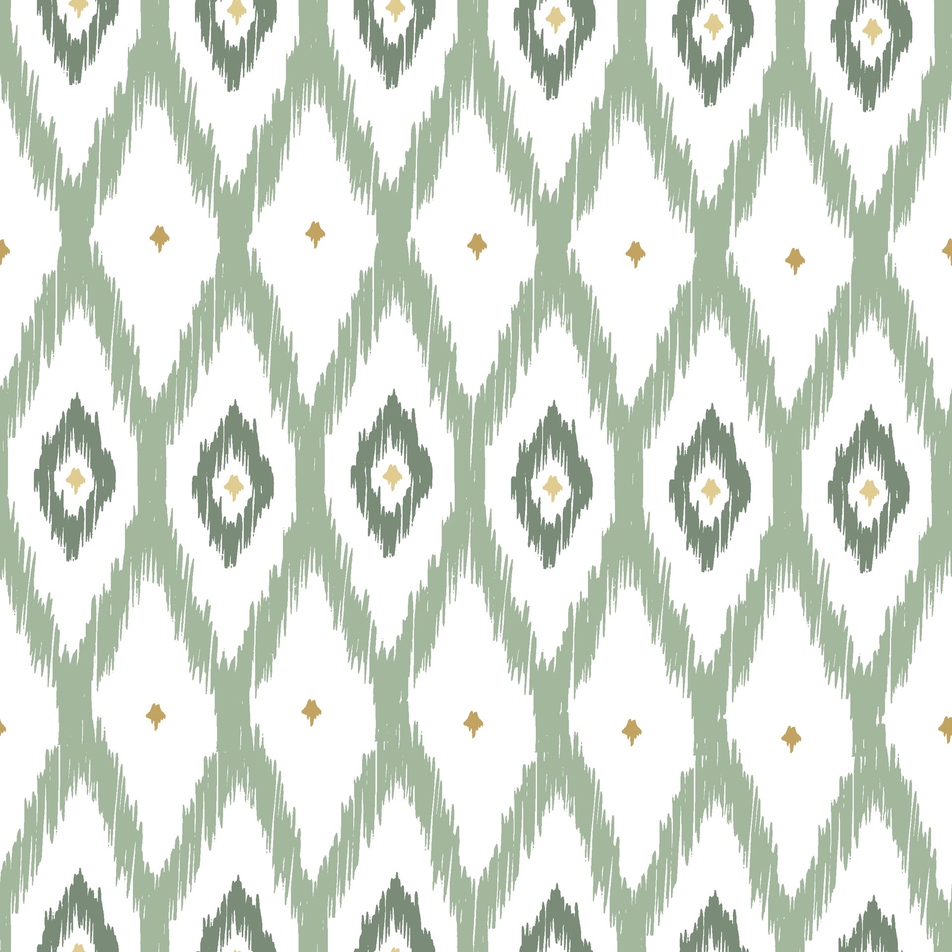 Soft sage green ikat wallpaper with hand painted diamond shapes and subtle gold accents on a white background.