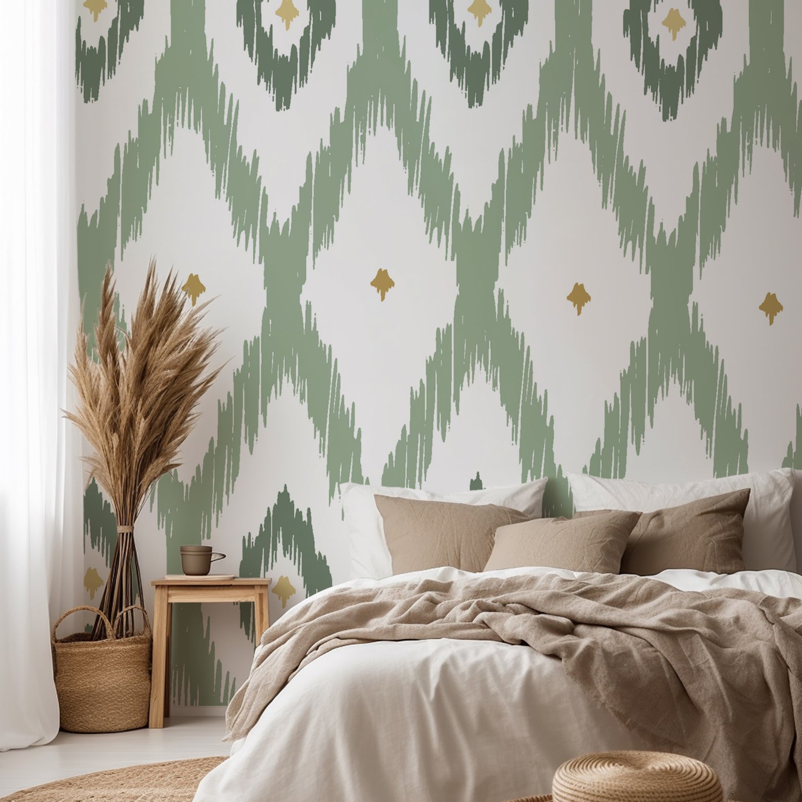Soft sage green ikat wallpaper with hand painted diamond shapes and subtle gold accents on a white background.