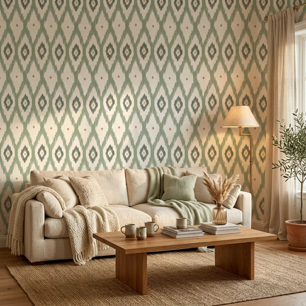 Ogee Loom blue ikat wallpaper in a warm and inviting living room