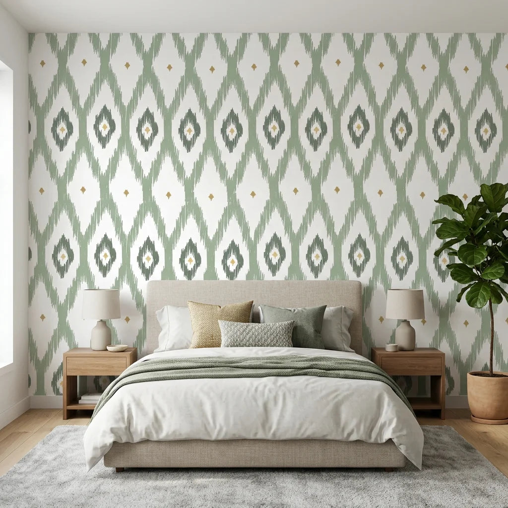 Ogee Loom blue ikat wallpaper adding character to a cozy bedroom