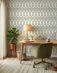 Ogee Loom blue ikat wallpaper as a feature wall in a bright home office
