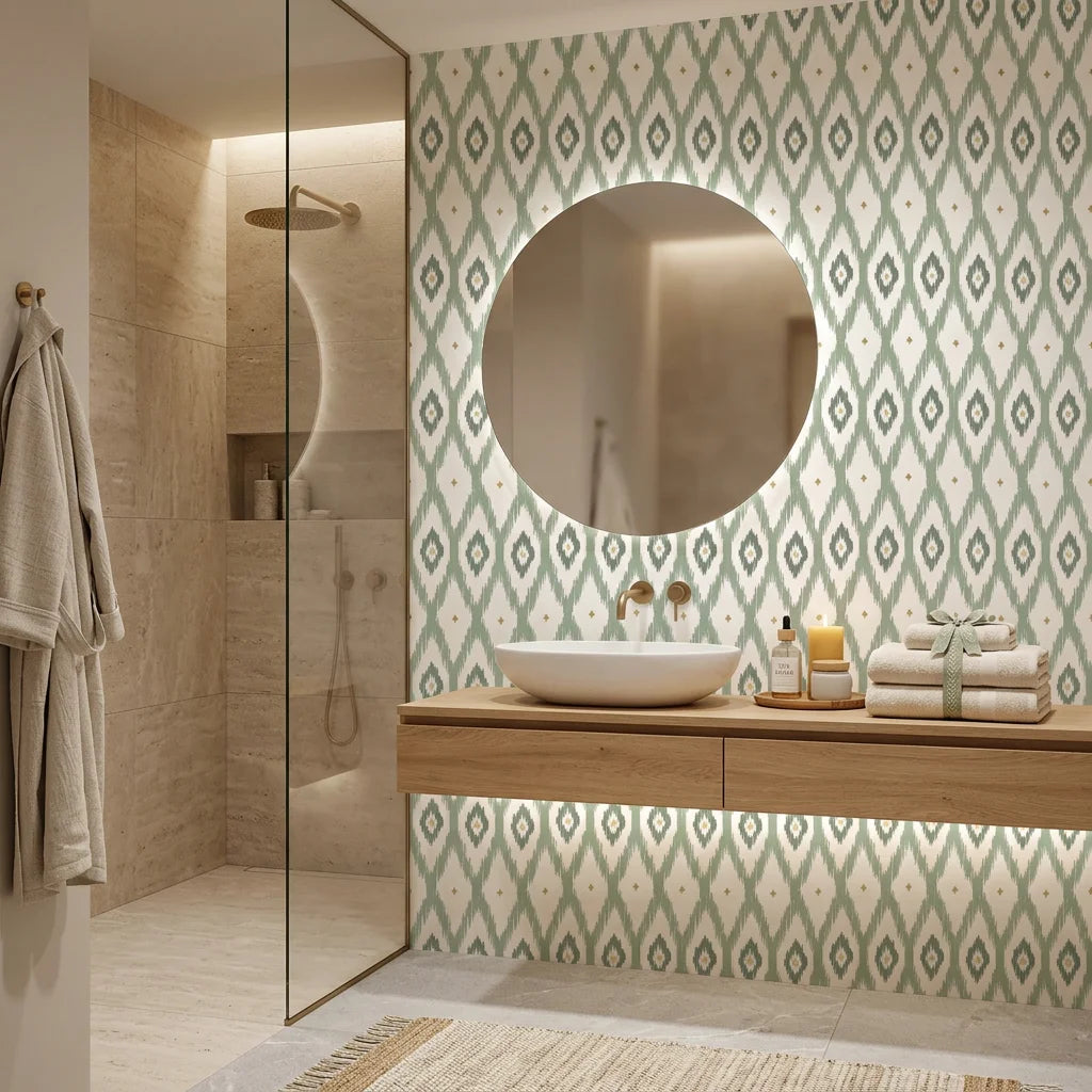 Ogee Loom blue ikat wallpaper creating ambiance in a serene bathroom