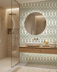 Ogee Loom blue ikat wallpaper creating ambiance in a serene bathroom
