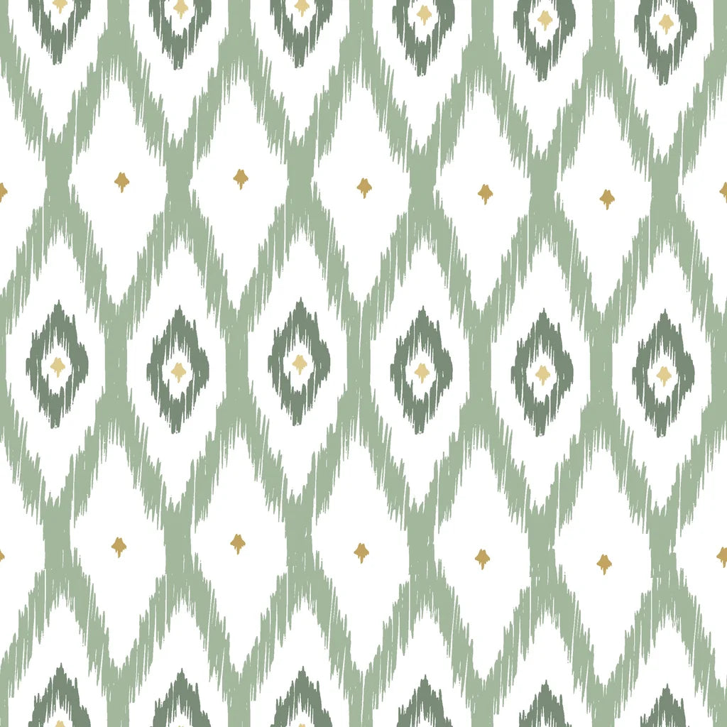 A muted dusty-green ikat style wall covering featuring hand-drawn geometric diamonds set against a white base and including delicate golden highlights.