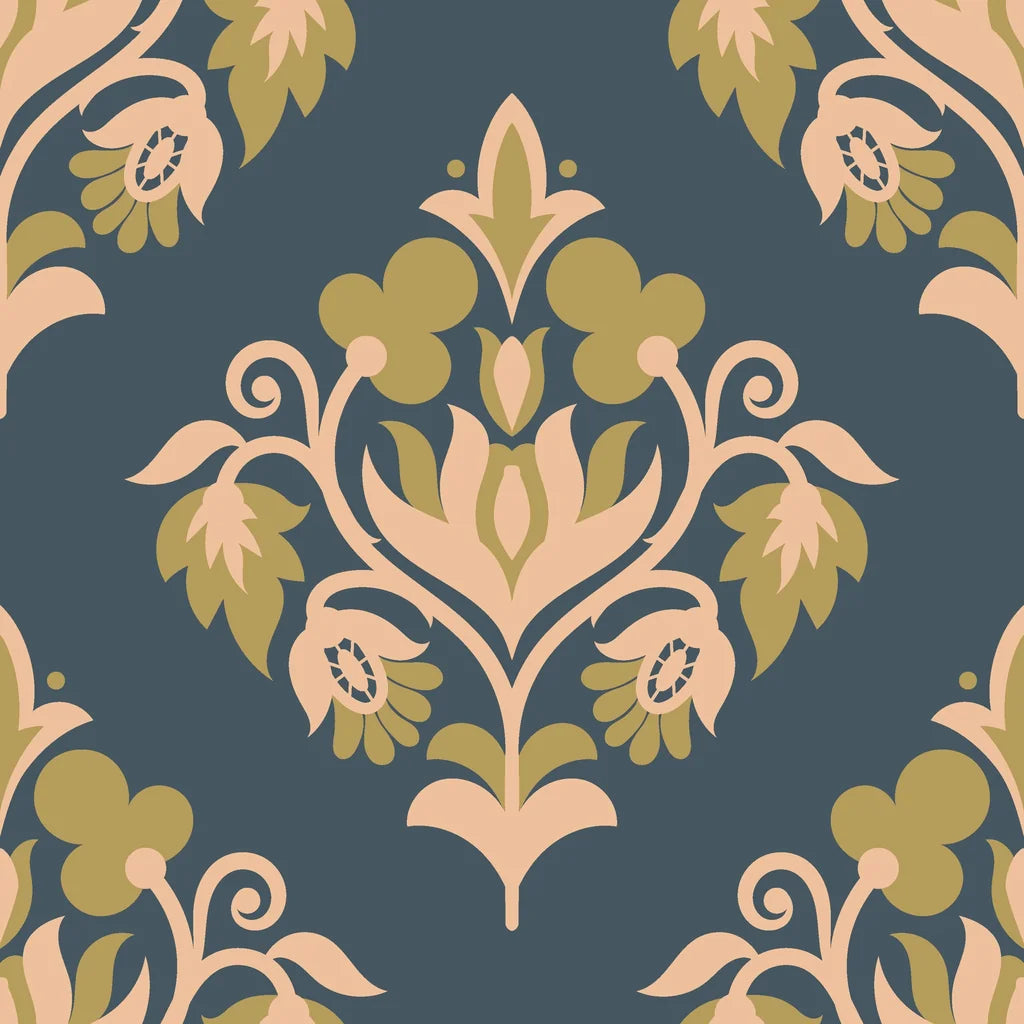 Old World Flora teal and gold damask wallpaper