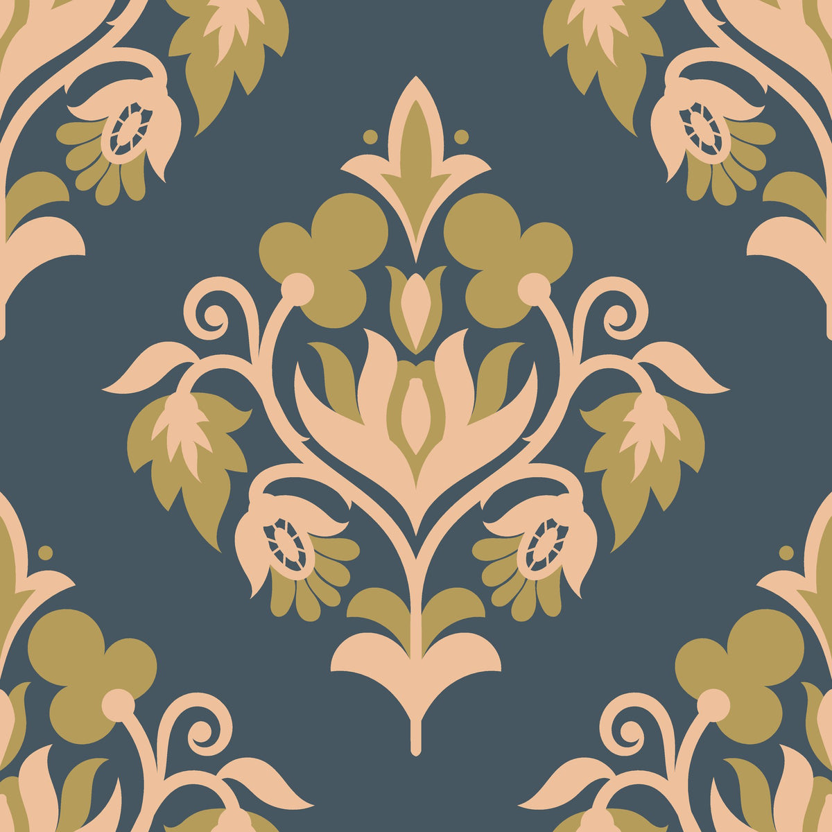 Old World Flora teal and gold damask wallpaper