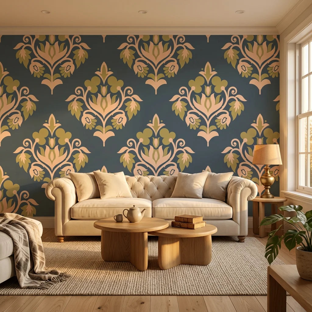 Old World Flora teal and gold damask wallpaper in a warm and inviting living room