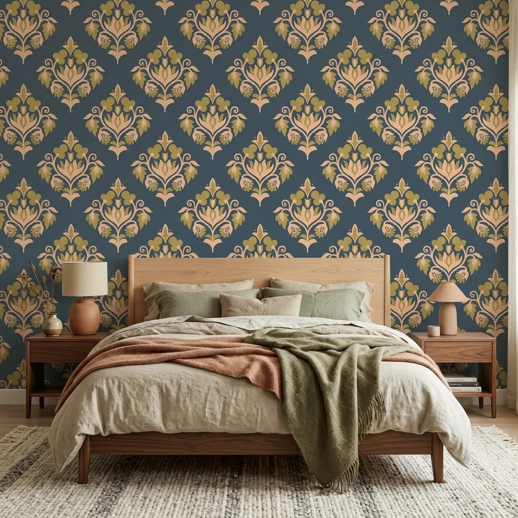 Old World Flora teal and gold damask wallpaper adding character to a cozy bedroom