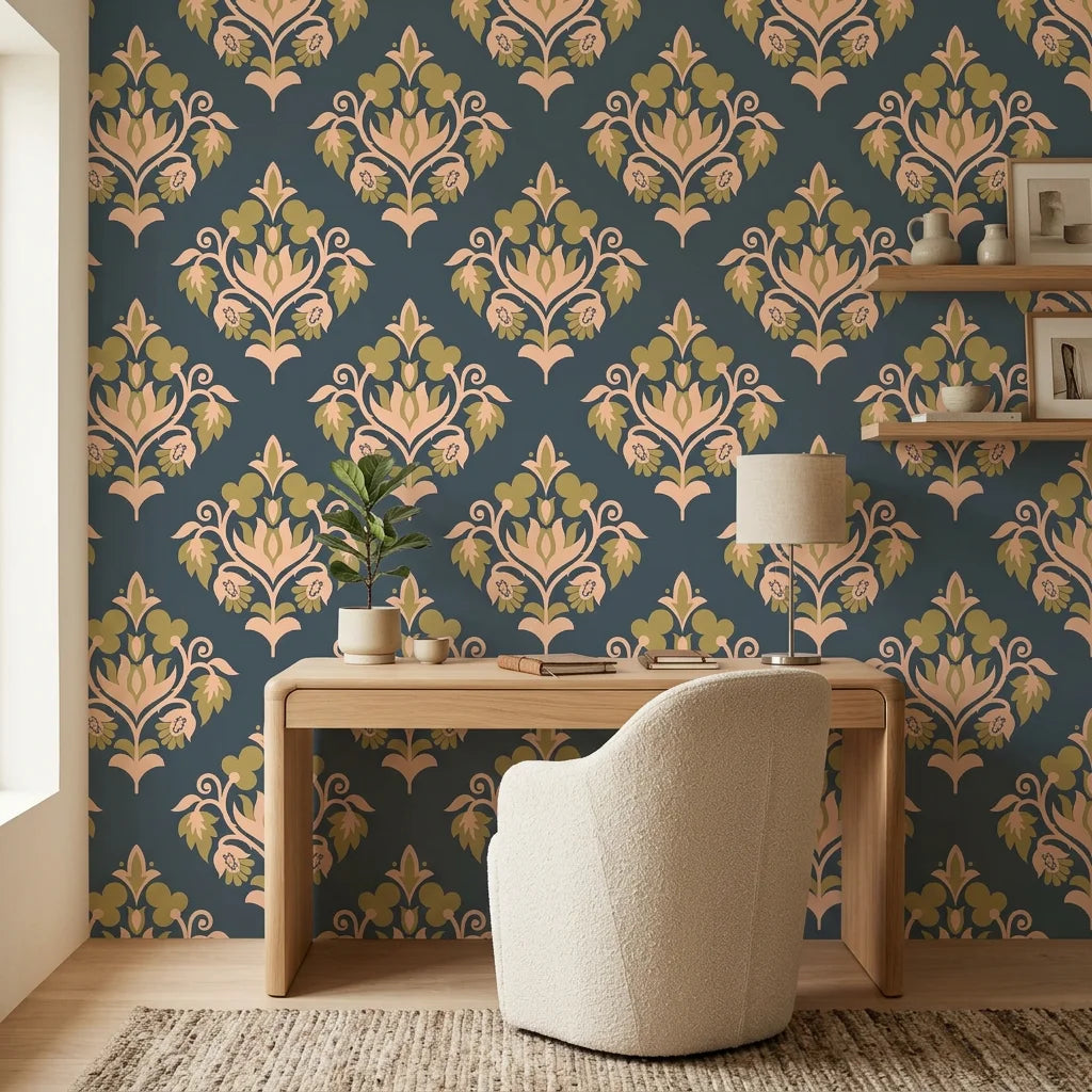 Old World Flora teal and gold damask wallpaper as a feature wall in a bright home office