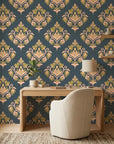 Old World Flora teal and gold damask wallpaper as a feature wall in a bright home office