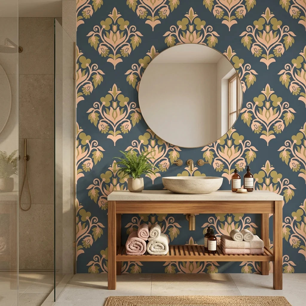 Old World Flora teal and gold damask wallpaper creating ambiance in a serene bathroom