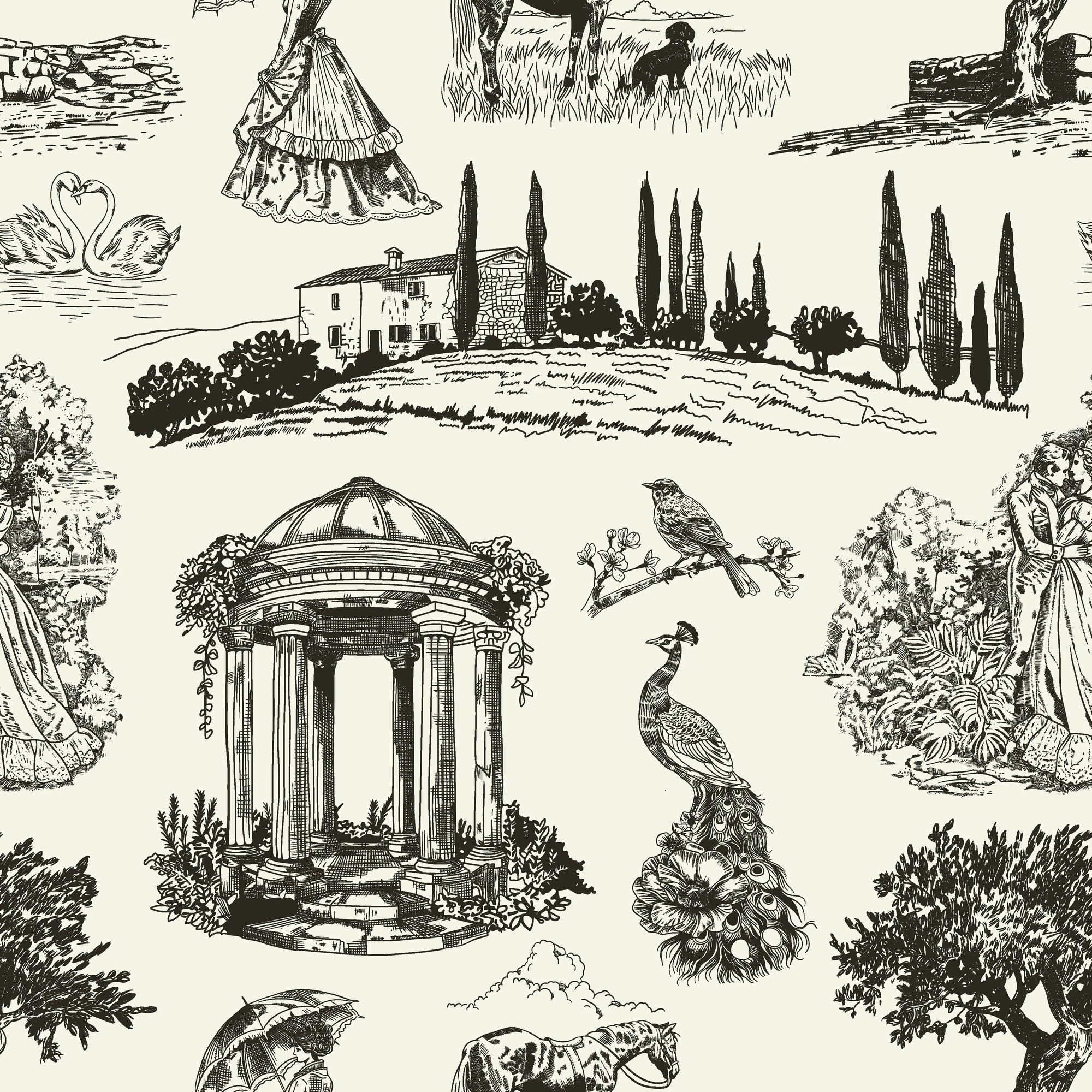 Matte black French toile scenes peel and stick wallpaper - Old World Grace