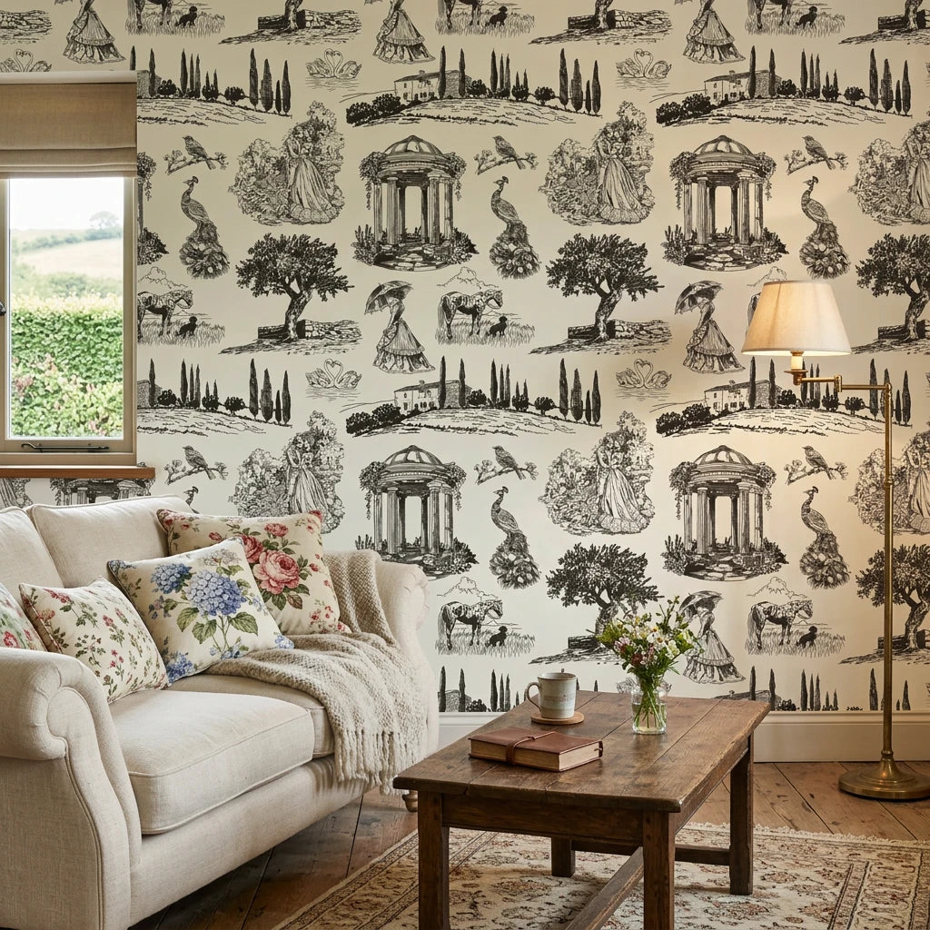 Old World Grace elegant black toile scenic wallpaper in a warm and inviting living room