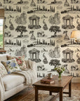 Old World Grace elegant black toile scenic wallpaper in a warm and inviting living room